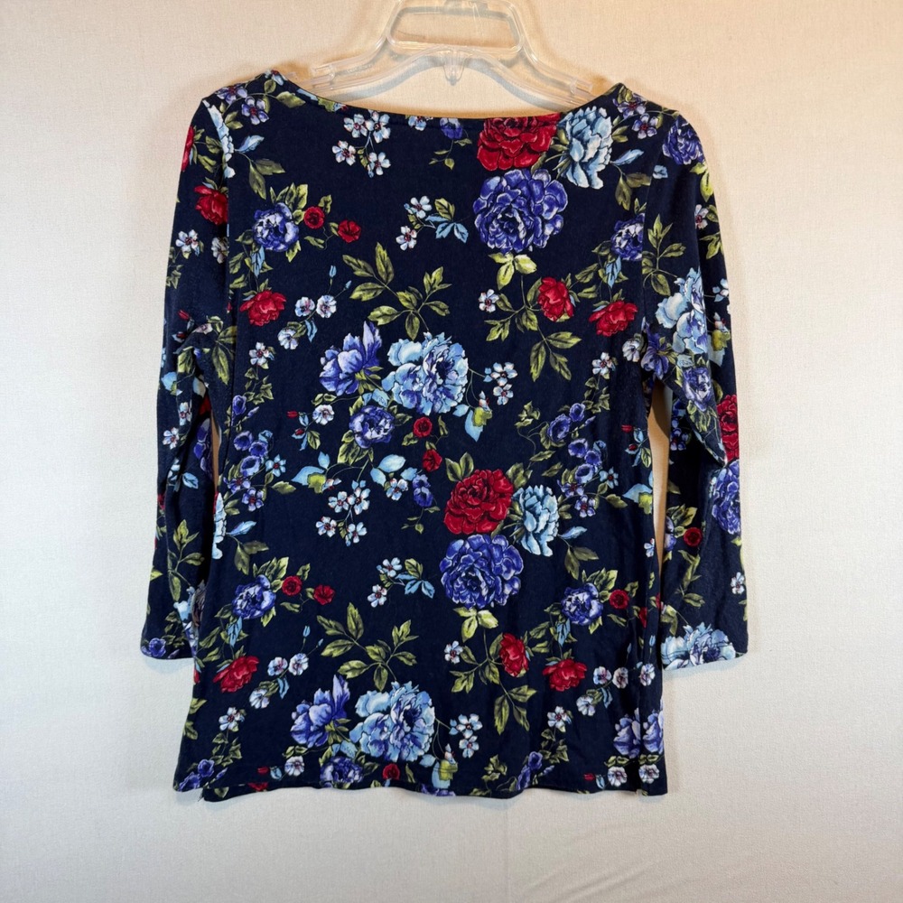 Talbots Womens Medium Navy Blue Floral Print‎ 3/4 Sleeve Boat Neck Cotton Top - Picture 3 of 7